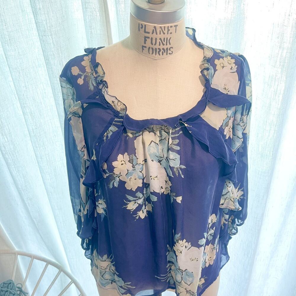 Anthropologie Leifsdottir Womens Silk Floral Blue Romantic Sheer Ruffle 4 Small